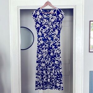 Floral Blue Midi Flared Sleeveless Dress